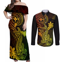 hawaii-couples-matching-off-shoulder-maxi-dress-and-long-sleeve-button-shirts-hammerhead-shark-tattoo-mix-polynesian-plumeria-reggae-version