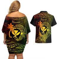 Hawaii Couples Matching Off Shoulder Short Dress and Hawaiian Shirt Hammerhead Shark Tattoo Mix Polynesian Plumeria Reggae Version LT14 - Polynesian Pride
