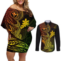 hawaii-couples-matching-off-shoulder-short-dress-and-long-sleeve-button-shirts-hammerhead-shark-tattoo-mix-polynesian-plumeria-reggae-version