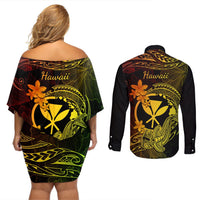 Hawaii Couples Matching Off Shoulder Short Dress and Long Sleeve Button Shirts Hammerhead Shark Tattoo Mix Polynesian Plumeria Reggae Version LT14 - Polynesian Pride