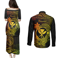 Hawaii Couples Matching Puletasi Dress and Long Sleeve Button Shirts Hammerhead Shark Tattoo Mix Polynesian Plumeria Reggae Version LT14 - Polynesian Pride