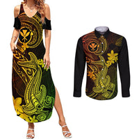 Hawaii Couples Matching Summer Maxi Dress and Long Sleeve Button Shirts Hammerhead Shark Tattoo Mix Polynesian Plumeria Reggae Version LT14 Reggae - Polynesian Pride