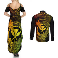 Hawaii Couples Matching Summer Maxi Dress and Long Sleeve Button Shirts Hammerhead Shark Tattoo Mix Polynesian Plumeria Reggae Version LT14 - Polynesian Pride