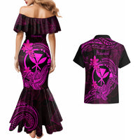 hawaii-couples-matching-mermaid-dress-and-hawaiian-shirt-hammerhead-shark-tattoo-mix-polynesian-plumeria-pink-version