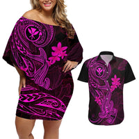 Hawaii Couples Matching Off Shoulder Short Dress and Hawaiian Shirt Hammerhead Shark Tattoo Mix Polynesian Plumeria Pink Version LT14 Pink - Polynesian Pride