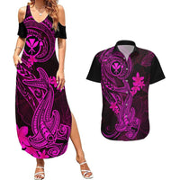 Hawaii Couples Matching Summer Maxi Dress and Hawaiian Shirt Hammerhead Shark Tattoo Mix Polynesian Plumeria Pink Version LT14 Pink - Polynesian Pride