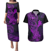 Hawaii Couples Matching Puletasi Dress and Hawaiian Shirt Hammerhead Shark Tattoo Mix Polynesian Plumeria Purple Version LT14 Purple - Polynesian Pride