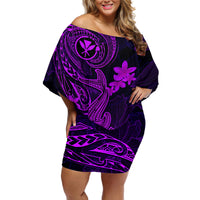 Hawaii Off Shoulder Short Dress Hammerhead Shark Tattoo Mix Polynesian Plumeria Purple Version LT14 Women Purple - Polynesian Pride