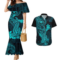 Hawaii Couples Matching Mermaid Dress and Hawaiian Shirt Hammerhead Shark Tattoo Mix Polynesian Plumeria Turquoise Version LT14 Turquoise - Polynesian Pride
