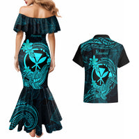 Hawaii Couples Matching Mermaid Dress and Hawaiian Shirt Hammerhead Shark Tattoo Mix Polynesian Plumeria Turquoise Version LT14 - Polynesian Pride