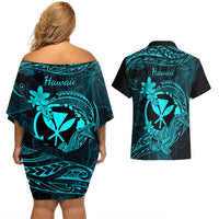 Hawaii Couples Matching Off Shoulder Short Dress and Hawaiian Shirt Hammerhead Shark Tattoo Mix Polynesian Plumeria Turquoise Version LT14 - Polynesian Pride