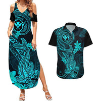 Hawaii Couples Matching Summer Maxi Dress and Hawaiian Shirt Hammerhead Shark Tattoo Mix Polynesian Plumeria Turquoise Version LT14 Turquoise - Polynesian Pride