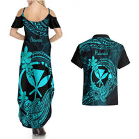 Hawaii Couples Matching Summer Maxi Dress and Hawaiian Shirt Hammerhead Shark Tattoo Mix Polynesian Plumeria Turquoise Version LT14 - Polynesian Pride