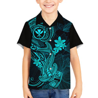 Hawaii Family Matching Off Shoulder Maxi Dress and Hawaiian Shirt Hammerhead Shark Tattoo Mix Polynesian Plumeria Turquoise Version LT14 Son's Shirt Turquoise - Polynesian Pride