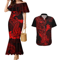 Hawaii Couples Matching Mermaid Dress and Hawaiian Shirt Hammerhead Shark Tattoo Mix Polynesian Plumeria Red Version LT14 Red - Polynesian Pride