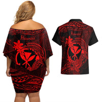 Hawaii Couples Matching Off Shoulder Short Dress and Hawaiian Shirt Hammerhead Shark Tattoo Mix Polynesian Plumeria Red Version LT14 - Polynesian Pride