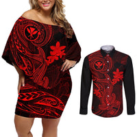 Hawaii Couples Matching Off Shoulder Short Dress and Long Sleeve Button Shirts Hammerhead Shark Tattoo Mix Polynesian Plumeria Red Version LT14 Red - Polynesian Pride