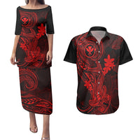 Hawaii Couples Matching Puletasi Dress and Hawaiian Shirt Hammerhead Shark Tattoo Mix Polynesian Plumeria Red Version LT14 Red - Polynesian Pride