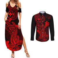 Hawaii Couples Matching Summer Maxi Dress and Long Sleeve Button Shirts Hammerhead Shark Tattoo Mix Polynesian Plumeria Red Version LT14 Red - Polynesian Pride