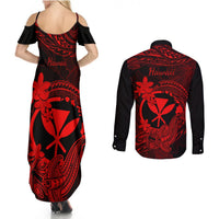 Hawaii Couples Matching Summer Maxi Dress and Long Sleeve Button Shirts Hammerhead Shark Tattoo Mix Polynesian Plumeria Red Version LT14 - Polynesian Pride