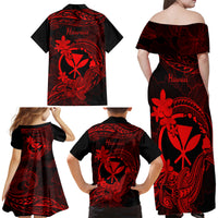 Hawaii Family Matching Off Shoulder Maxi Dress and Hawaiian Shirt Hammerhead Shark Tattoo Mix Polynesian Plumeria Red Version LT14 - Polynesian Pride