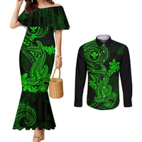 Hawaii Couples Matching Mermaid Dress and Long Sleeve Button Shirts Hammerhead Shark Tattoo Mix Polynesian Plumeria Green Version LT14 Green - Polynesian Pride