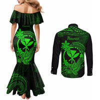 Hawaii Couples Matching Mermaid Dress and Long Sleeve Button Shirts Hammerhead Shark Tattoo Mix Polynesian Plumeria Green Version LT14 - Polynesian Pride