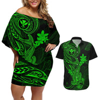 Hawaii Couples Matching Off Shoulder Short Dress and Hawaiian Shirt Hammerhead Shark Tattoo Mix Polynesian Plumeria Green Version LT14 Green - Polynesian Pride