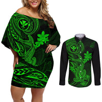 Hawaii Couples Matching Off Shoulder Short Dress and Long Sleeve Button Shirts Hammerhead Shark Tattoo Mix Polynesian Plumeria Green Version LT14 Green - Polynesian Pride