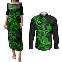 Hawaii Couples Matching Puletasi Dress and Long Sleeve Button Shirts Hammerhead Shark Tattoo Mix Polynesian Plumeria Green Version LT14 Green - Polynesian Pride