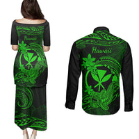 Hawaii Couples Matching Puletasi Dress and Long Sleeve Button Shirts Hammerhead Shark Tattoo Mix Polynesian Plumeria Green Version LT14 - Polynesian Pride