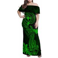 Hawaii Family Matching Off Shoulder Maxi Dress and Hawaiian Shirt Hammerhead Shark Tattoo Mix Polynesian Plumeria Green Version LT14 Mom's Dress Green - Polynesian Pride