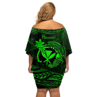 Hawaii Off Shoulder Short Dress Hammerhead Shark Tattoo Mix Polynesian Plumeria Green Version LT14 - Polynesian Pride