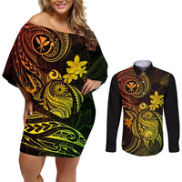Hawaii Couples Matching Off Shoulder Short Dress and Long Sleeve Button Shirts Turtle Mix Polynesian Plumeria Reggae Version LT14 Reggae - Polynesian Pride