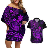 Hawaii Couples Matching Off Shoulder Short Dress and Hawaiian Shirt Turtle Mix Polynesian Plumeria Purple Version LT14 Purple - Polynesian Pride