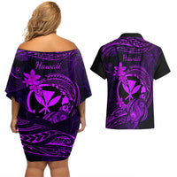 hawaii-couples-matching-off-shoulder-short-dress-and-hawaiian-shirt-turtle-mix-polynesian-plumeria-purple-version