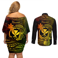 hawaii-couples-matching-off-shoulder-short-dress-and-long-sleeve-button-shirts-ukulele-mix-polynesian-plumeria-reggae-version