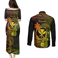 Hawaii Couples Matching Puletasi Dress and Long Sleeve Button Shirts Ukulele Mix Polynesian Plumeria Reggae Version LT14 - Polynesian Pride