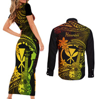 hawaii-couples-matching-short-sleeve-bodycon-dress-and-long-sleeve-button-shirts-ukulele-mix-polynesian-plumeria-reggae-version