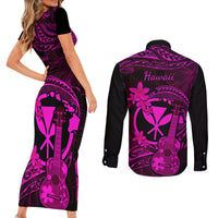 hawaii-couples-matching-short-sleeve-bodycon-dress-and-long-sleeve-button-shirts-ukulele-mix-polynesian-plumeria-pink-version