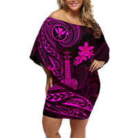 Hawaii Off Shoulder Short Dress Ukulele Mix Polynesian Plumeria Pink Version LT14 Women Pink - Polynesian Pride