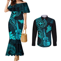 Hawaii Couples Matching Mermaid Dress and Long Sleeve Button Shirts Ukulele Mix Polynesian Plumeria Turquoise Version LT14 Turquoise - Polynesian Pride