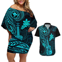 hawaii-couples-matching-off-shoulder-short-dress-and-hawaiian-shirt-ukulele-mix-polynesian-plumeria-turquoise-version