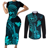 hawaii-couples-matching-short-sleeve-bodycon-dress-and-long-sleeve-button-shirts-ukulele-mix-polynesian-plumeria-turquoise-version