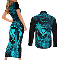 hawaii-couples-matching-short-sleeve-bodycon-dress-and-long-sleeve-button-shirts-ukulele-mix-polynesian-plumeria-turquoise-version