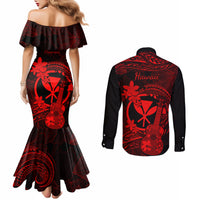 Hawaii Couples Matching Mermaid Dress and Long Sleeve Button Shirts Ukulele Mix Polynesian Plumeria Red Version LT14 - Polynesian Pride