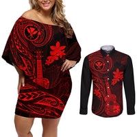 hawaii-couples-matching-off-shoulder-short-dress-and-long-sleeve-button-shirts-ukulele-mix-polynesian-plumeria-red-version