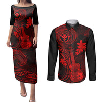 Hawaii Couples Matching Puletasi Dress and Long Sleeve Button Shirts Ukulele Mix Polynesian Plumeria Red Version LT14 Red - Polynesian Pride