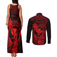 hawaii-couples-matching-tank-maxi-dress-and-long-sleeve-button-shirts-ukulele-mix-polynesian-plumeria-red-version