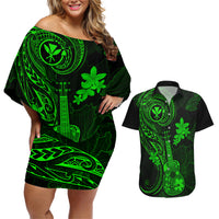 Hawaii Couples Matching Off Shoulder Short Dress and Hawaiian Shirt Ukulele Mix Polynesian Plumeria Green Version LT14 Green - Polynesian Pride